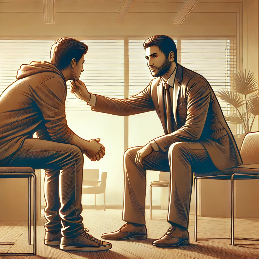 Un leader en milieu professionnel réconforte un salarié dans une posture empathique, illustrant une des qualités essentielles du leadership en temps de crise.
