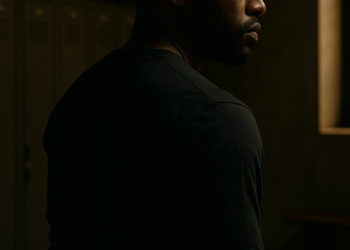 Portrait cinématographique d’un homme afro-américain seul, en semi-profil, dans un vestiaire vide, illustrant les silences et sacrifices derrière les trajectoires de réussite.