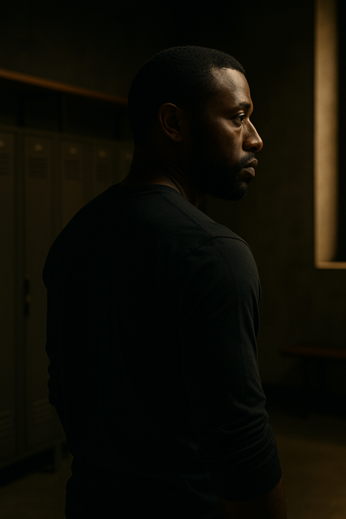 Portrait cinématographique d’un homme afro-américain seul, en semi-profil, dans un vestiaire vide, illustrant les silences et sacrifices derrière les trajectoires de réussite.