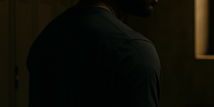 Portrait cinématographique d’un homme afro-américain seul, en semi-profil, dans un vestiaire vide, illustrant les silences et sacrifices derrière les trajectoires de réussite.