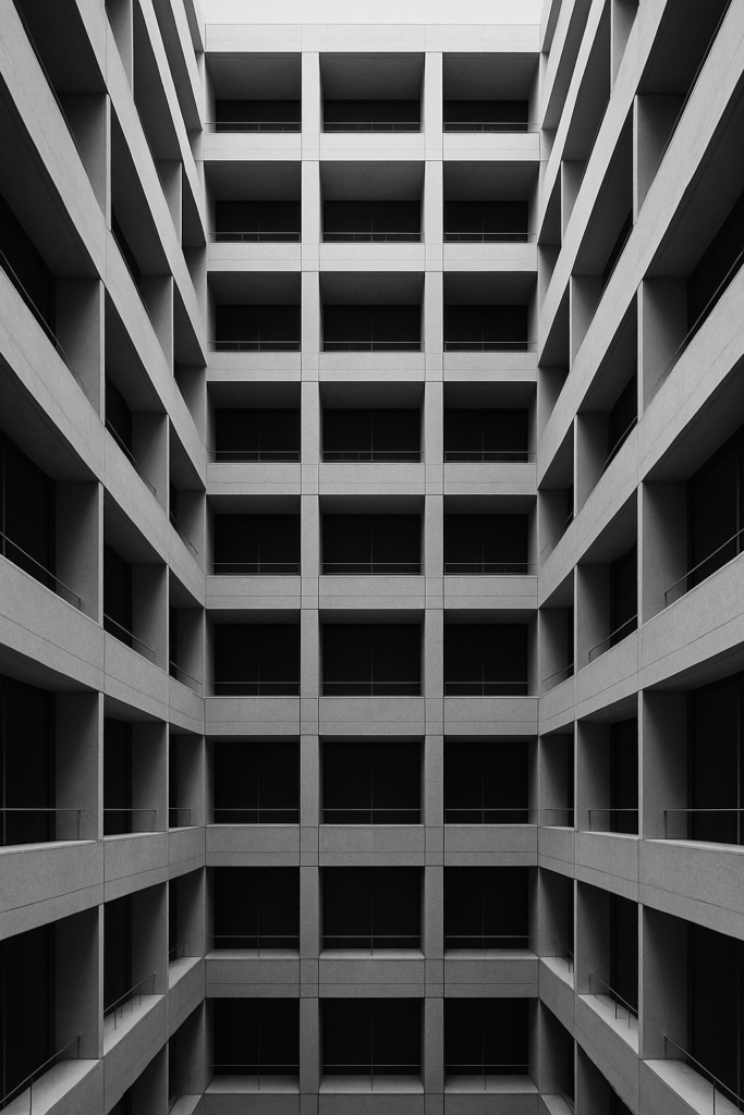 Structure architecturale répétitive illustrant la logique interne et l’auto-stabilité des systèmes.