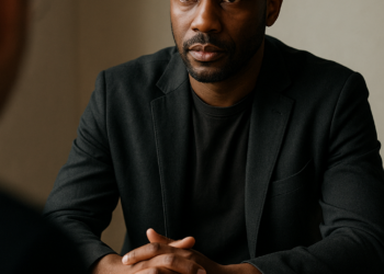 Portrait d’un homme afro-américain en situation d’entretien, illustrant l’écoute active et la profondeur de l’interview.
