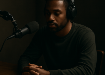 Portrait d’un homme afro-américain dans un studio de podcast, illustrant la parole longue, l’écoute et la réflexion.