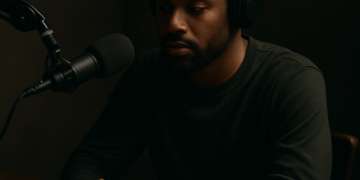 Portrait d’un homme afro-américain dans un studio de podcast, illustrant la parole longue, l’écoute et la réflexion.