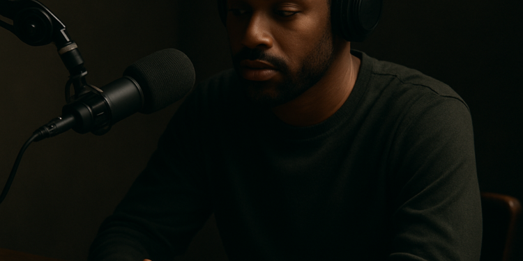 Portrait d’un homme afro-américain dans un studio de podcast, illustrant la parole longue, l’écoute et la réflexion.