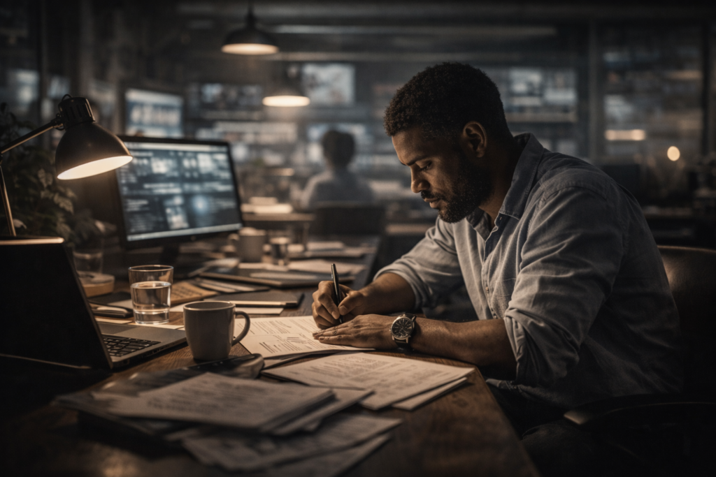 Journaliste rédigeant une analyse éditoriale dans une rédaction moderne – Wanda Média