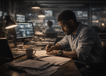 Journaliste rédigeant une analyse éditoriale dans une rédaction moderne – Wanda Média