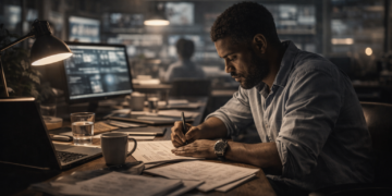 Journaliste rédigeant une analyse éditoriale dans une rédaction moderne – Wanda Média