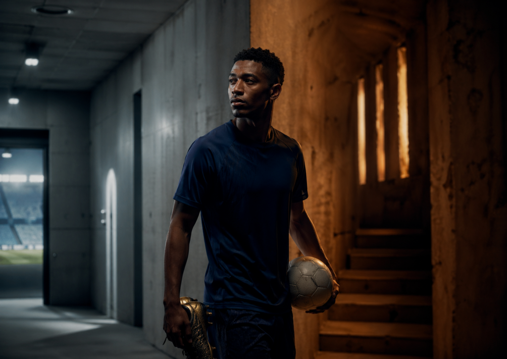 Joueur africain dans un tunnel de stade symbolisant les binationaux du football africain entre diaspora, formation européenne et sélection nationale