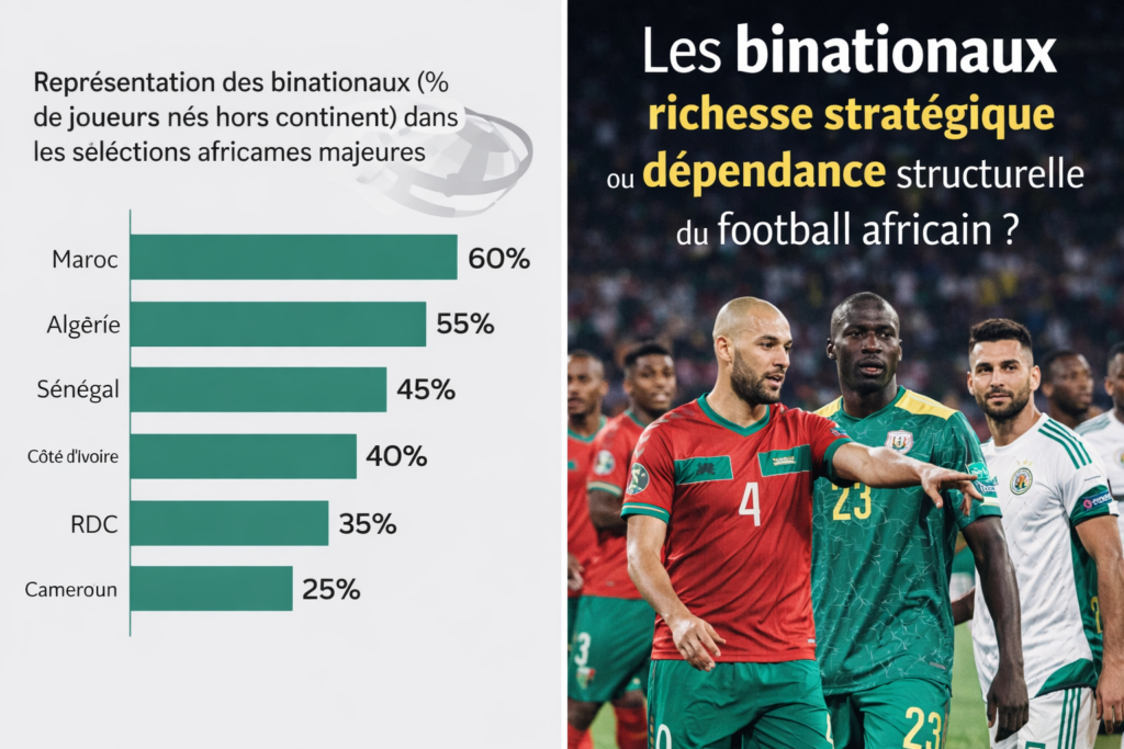 Graphique comparatif du pourcentage de joueurs binationaux dans les sélections du Maroc, Sénégal et Algérie en 2026