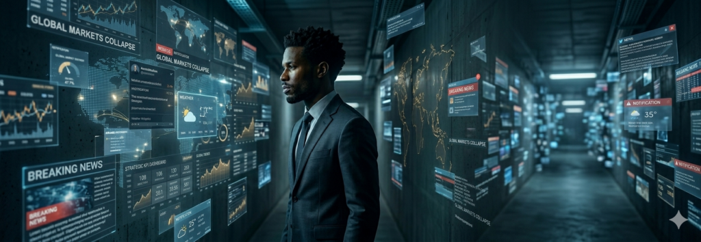 Professionnel analysant des flux d’informations financières et médiatiques dans un environnement digital complexe illustrant la surcharge informationnell