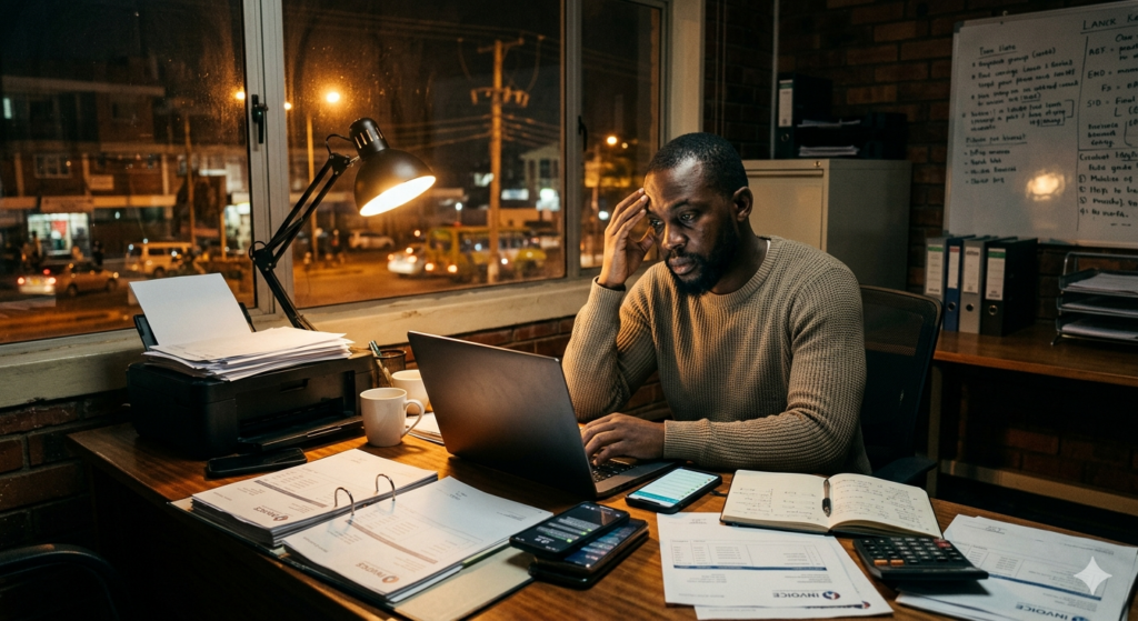 Entrepreneur africain travaillant seul la nuit entouré de documents et d’appareils illustrant la surcharge de travail et la dépendance à soi-mêm