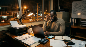 Entrepreneur africain travaillant seul la nuit entouré de documents et d’appareils illustrant la surcharge de travail et la dépendance à soi-mêm