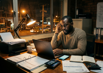 Entrepreneur africain travaillant seul la nuit entouré de documents et d’appareils illustrant la surcharge de travail et la dépendance à soi-mêm