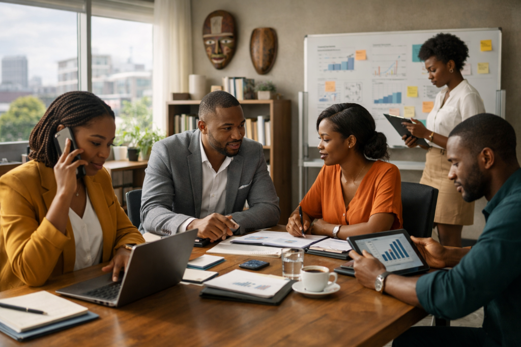 Équipe africaine travaillant dans un environnement professionnel structuré illustrant l’organisation et la croissance d’une entreprise