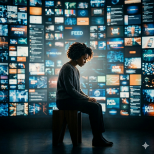 Personne réfléchissant face à un flux massif d’informations numériques illustrant la saturation médiatique