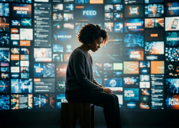 Personne réfléchissant face à un flux massif d’informations numériques illustrant la saturation médiatique