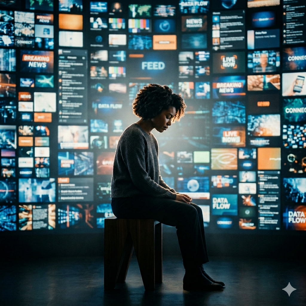 Personne réfléchissant face à un flux massif d’informations numériques illustrant la saturation médiatique