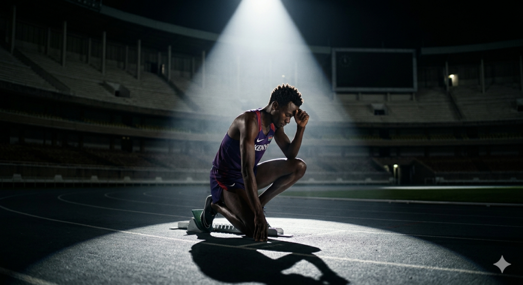 Athlète africain seul sous pression dans un stade illustrant la révélation de soi dans le sport de haut niveau