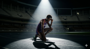 Athlète africain seul sous pression dans un stade illustrant la révélation de soi dans le sport de haut niveau