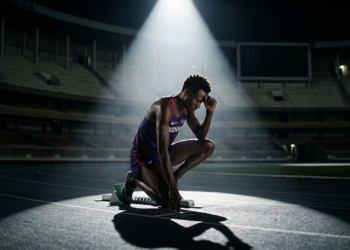 Athlète africain seul sous pression dans un stade illustrant la révélation de soi dans le sport de haut niveau