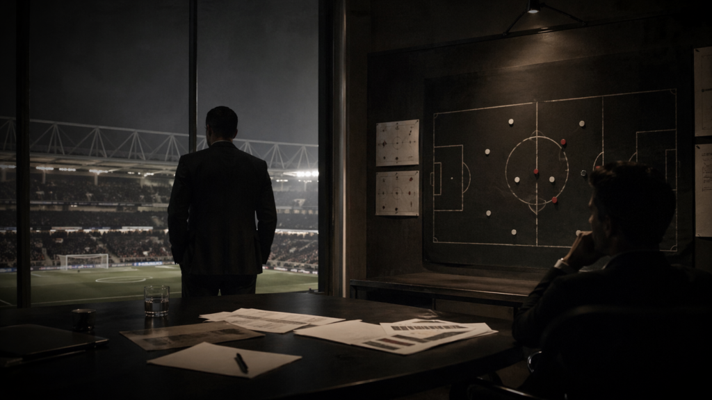 Salle d’analyse sombre avec tableau tactique, documents et vue sur un stade de football, symbole des décisions invisibles du jeu.