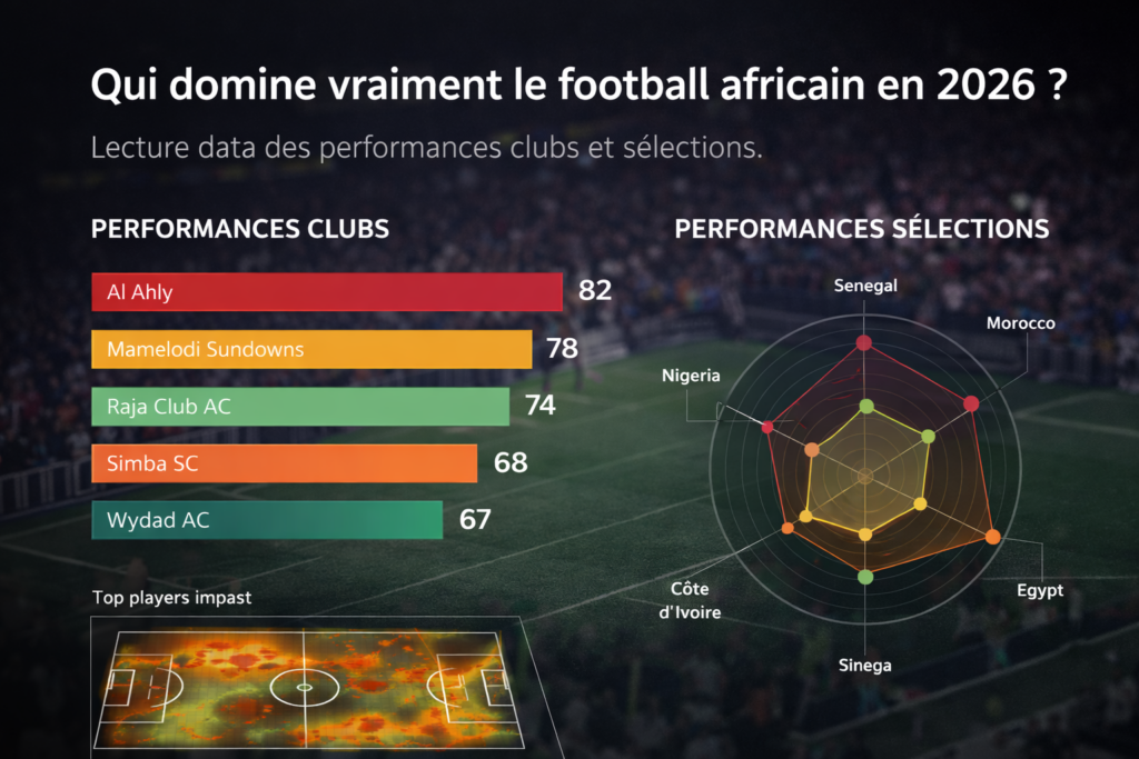 Infographie football africain 2026 avec performances clubs, radar sélections et heatmap joueurs