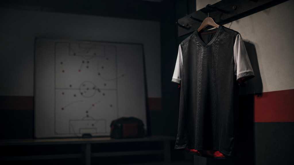 Salle d’analyse footballistique avec tableau tactique et documents, représentant la gouvernance et les choix structurels du football africain.