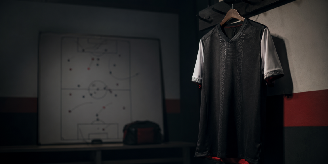 Salle d’analyse footballistique avec tableau tactique et documents, représentant la gouvernance et les choix structurels du football africain.