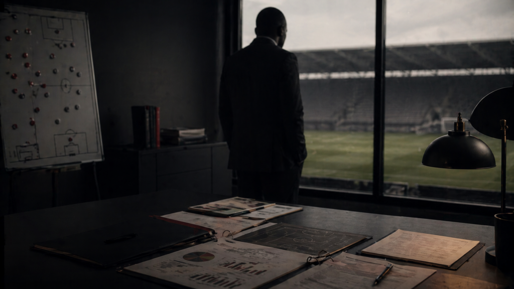 Salle d’analyse footballistique avec tableau tactique et documents, représentant la gouvernance et les choix structurels du football africain.