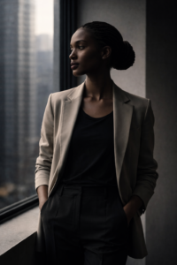 femme africaine élégante regard horizon introspection performance équilibre vie