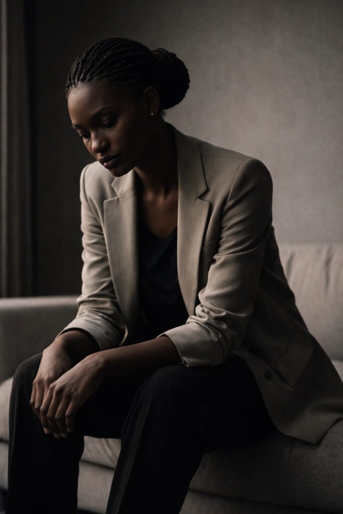 emme africaine introspection fatigue mentale performance réflexion calme intérieur