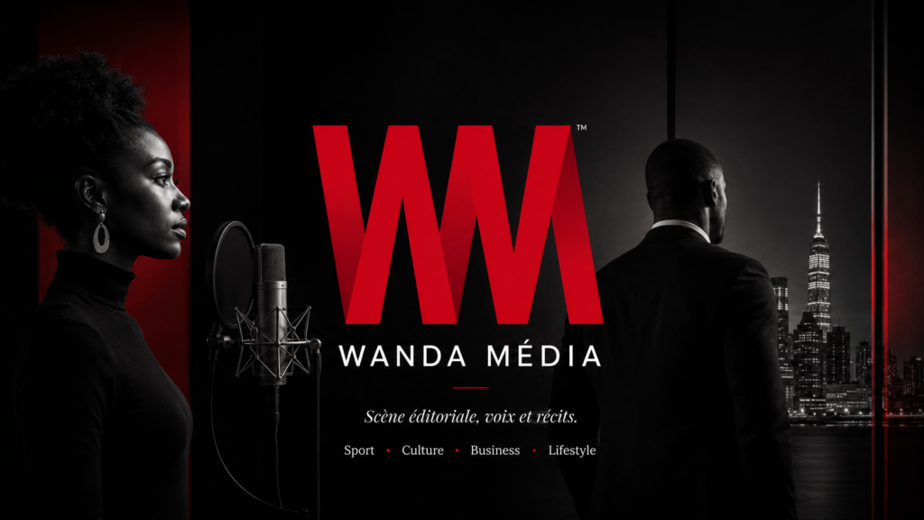 Visuel institutionnel Wanda Média avec logo WM officiel, voix éditoriale, récit et univers média premium