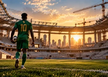 Joueur de football africain entrant sur la pelouse d'un stade en construction, au coucher du soleil.