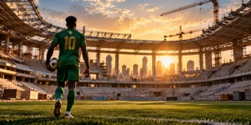 Joueur de football africain entrant sur la pelouse d'un stade en construction, au coucher du soleil.