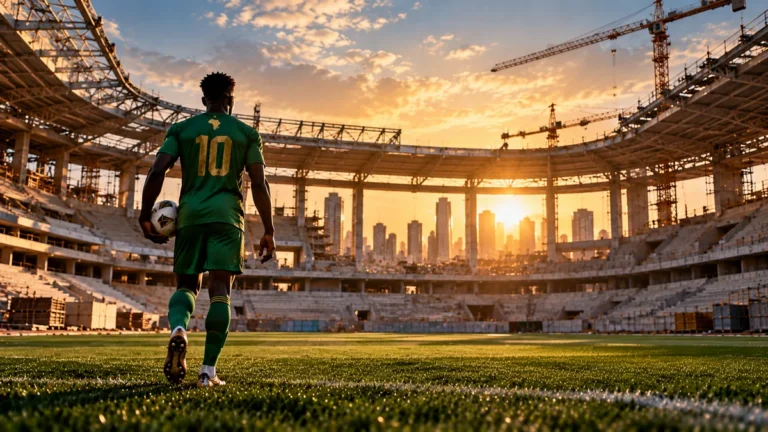 Joueur de football africain entrant sur la pelouse d'un stade en construction, au coucher du soleil.