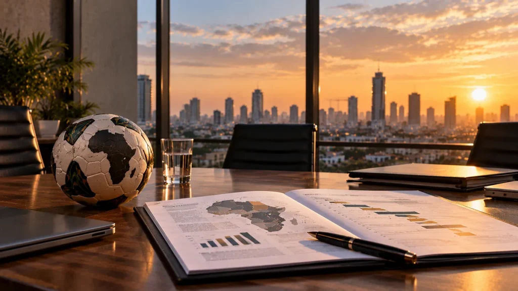 Ballon de football et documents de planification illustratifs sur une table de réunion, face à une ville au coucher du soleil.