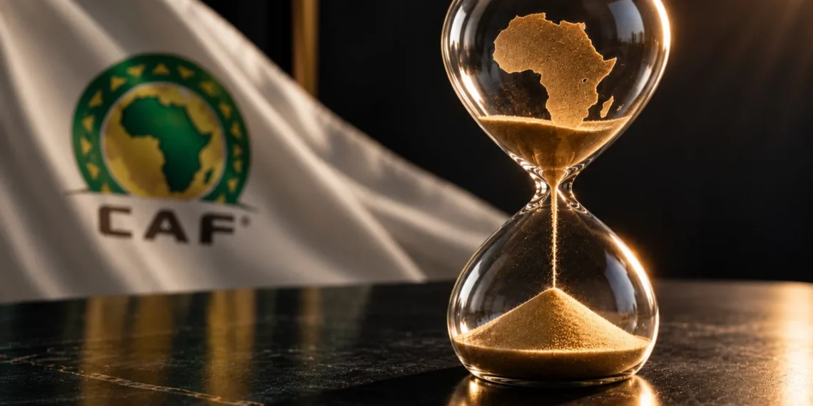 Un sablier doré représentant l'Afrique devant un drapeau de la CAF, symbole du débat sur le calendrier de la Coupe d'Afrique des nations.
