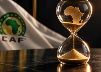 Un sablier doré représentant l'Afrique devant un drapeau de la CAF, symbole du débat sur le calendrier de la Coupe d'Afrique des nations.