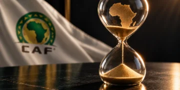 Un sablier doré représentant l'Afrique devant un drapeau de la CAF, symbole du débat sur le calendrier de la Coupe d'Afrique des nations.