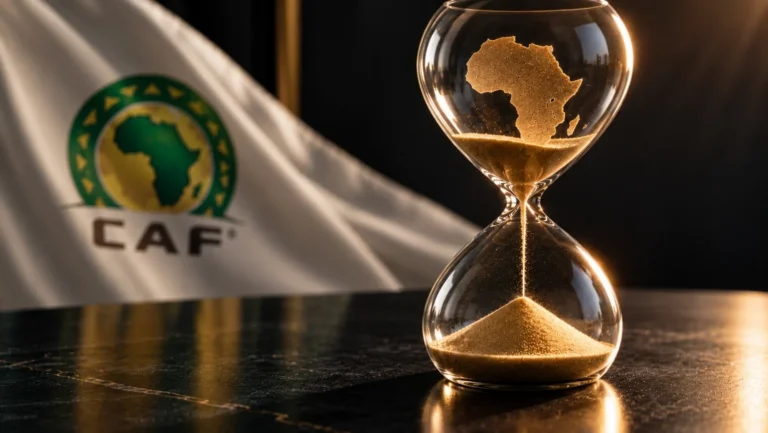 Un sablier doré représentant l'Afrique devant un drapeau de la CAF, symbole du débat sur le calendrier de la Coupe d'Afrique des nations.