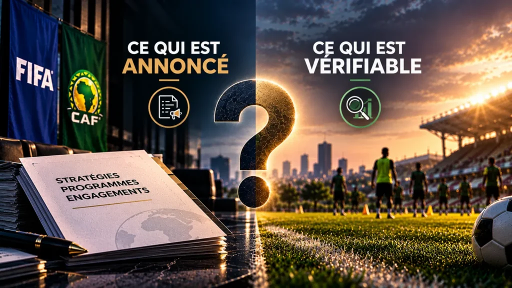 Visuel comparant les financements FIFA–CAF annoncés aux résultats vérifiables, entre documents institutionnels et terrain de football.