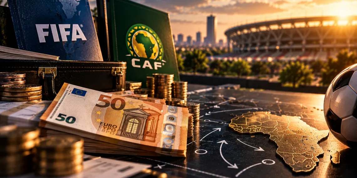 Illustration des financements FIFA et CAF pour le développement du football africain, avec documents institutionnels, billets et stade.